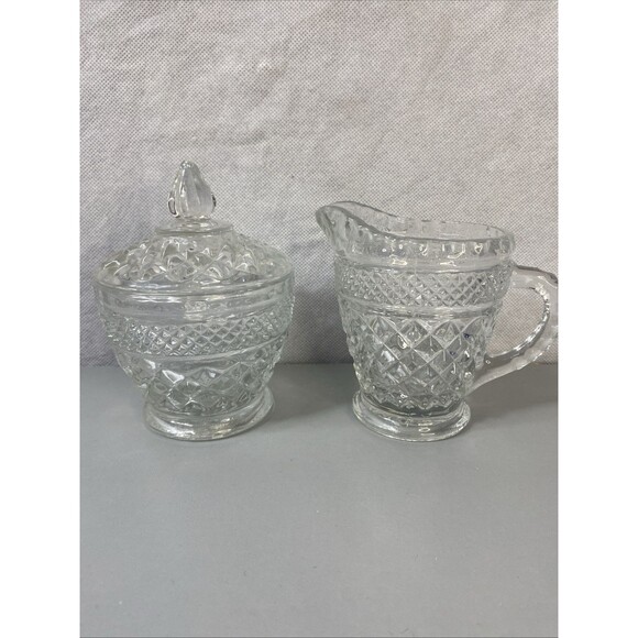 Vintage Anchor Hocking Wexford Footed Creamer And Sugar Bowl with Lid - Picture 1 of 11